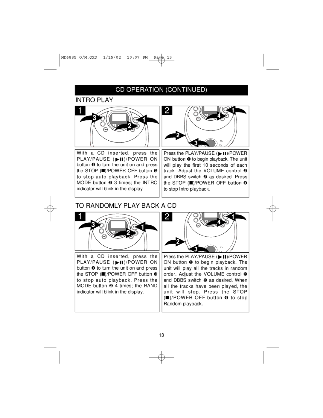 Memorex MD6885 operating instructions Intro Play, To Randomly Play Back a CD 