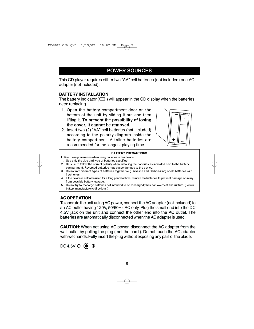 Memorex MD6885 operating instructions Power Sources, Battery Installation 