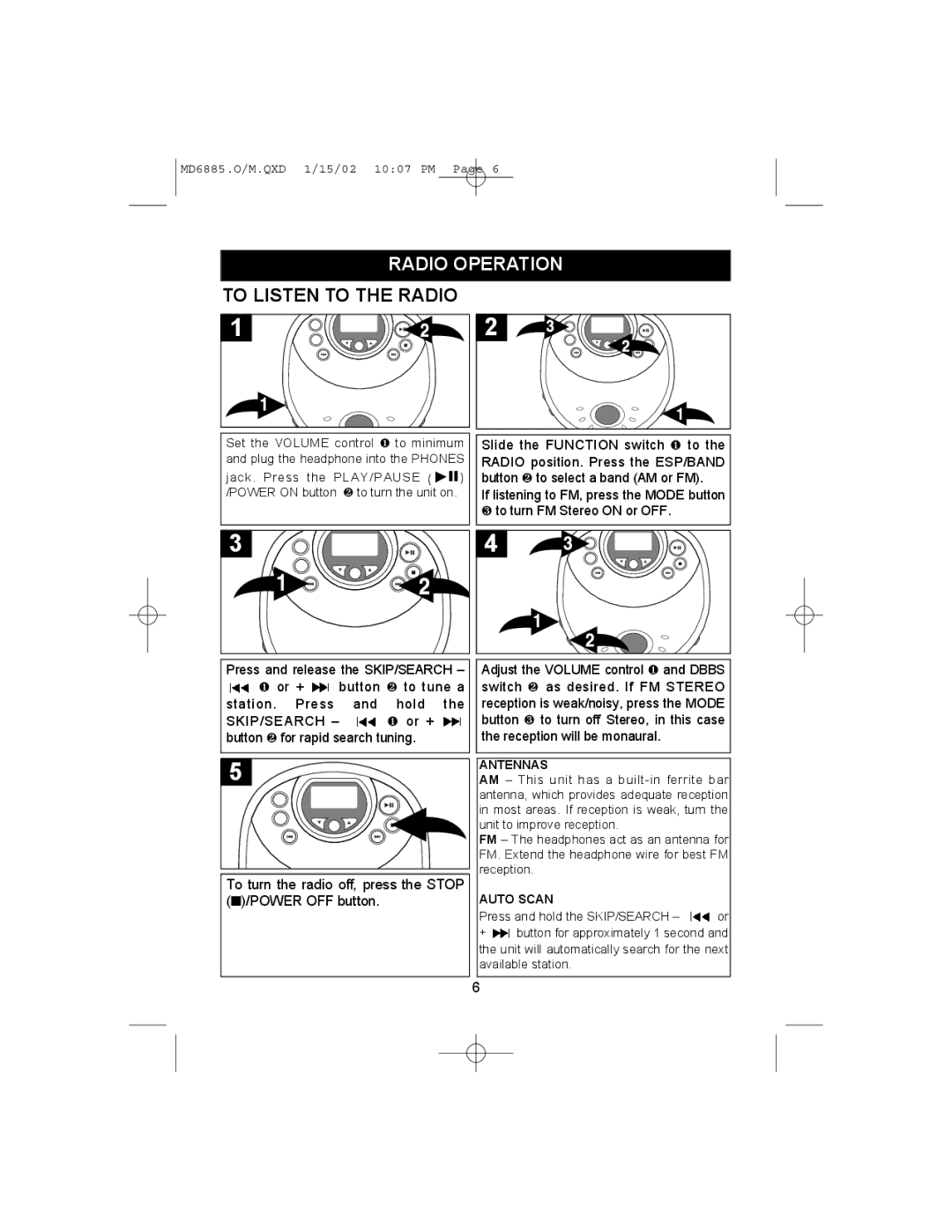 Memorex MD6885 operating instructions 132, Radio Operation To Listen to the Radio 