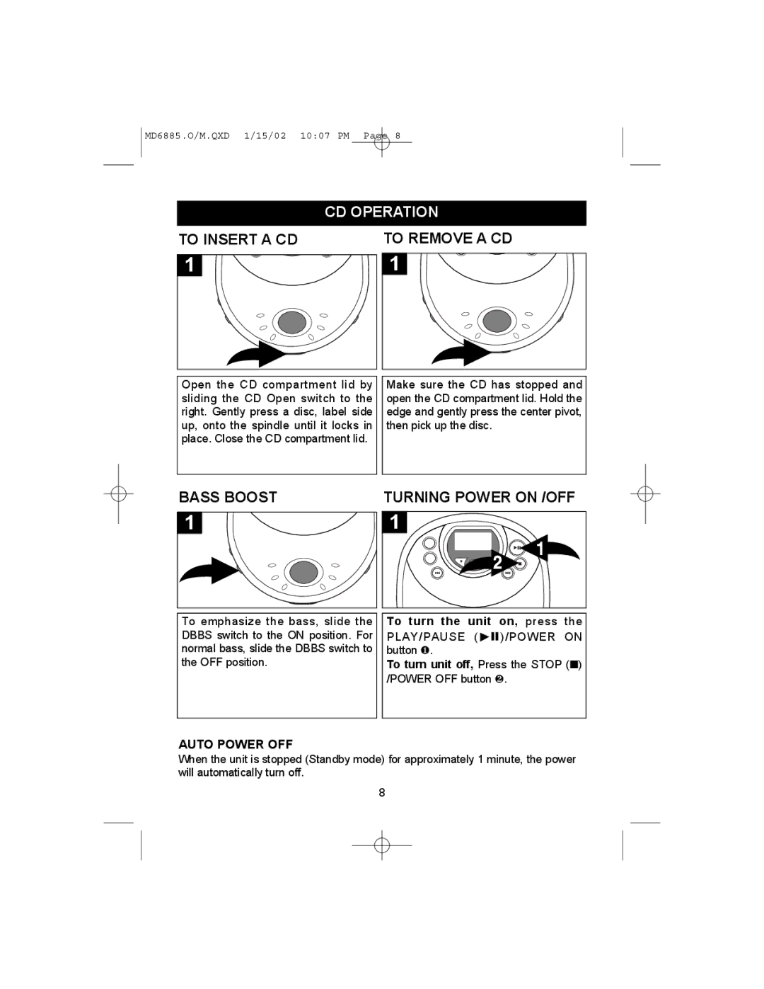 Memorex MD6885 operating instructions CD Operation, To Insert a CD, Bass Boost, Auto Power OFF 