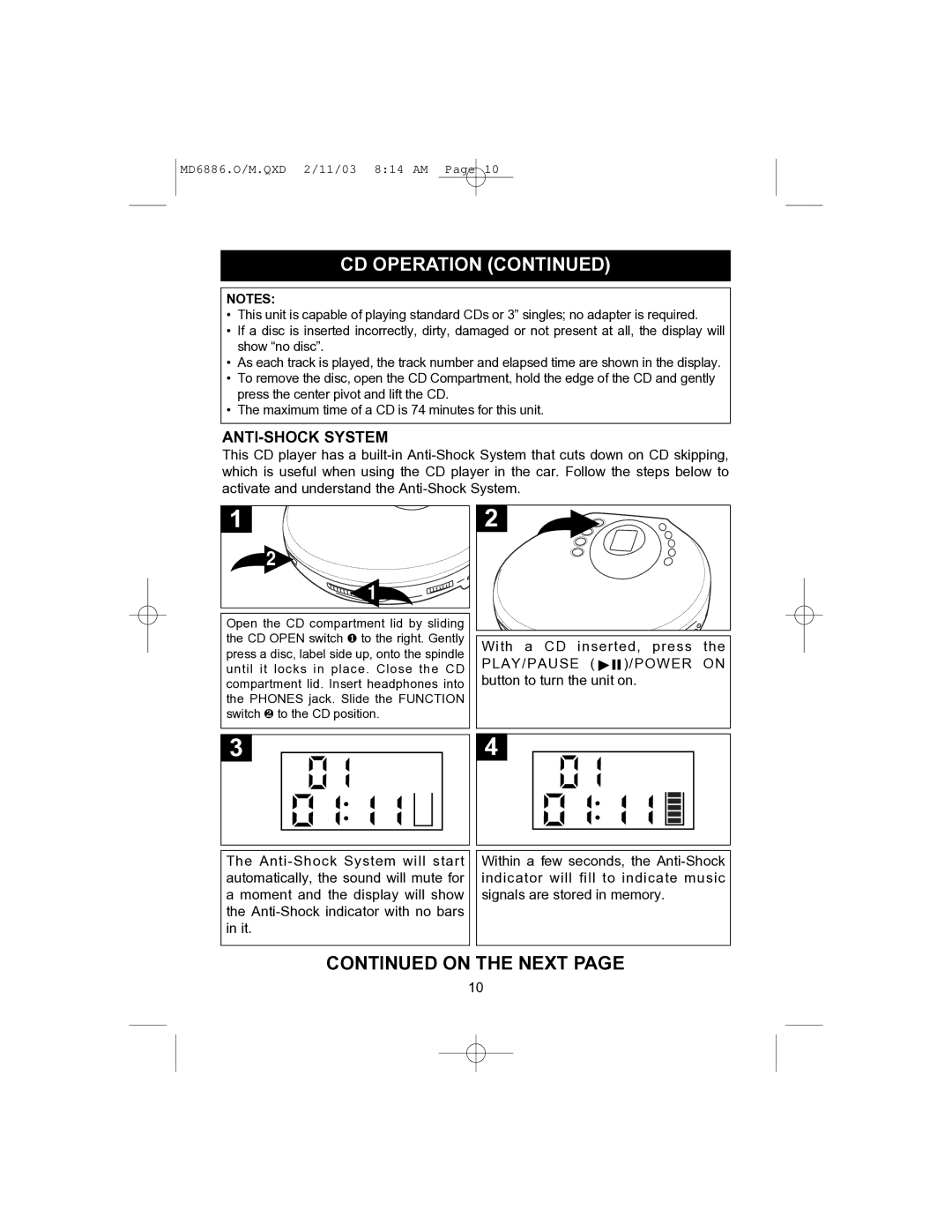 Memorex MD6886 operating instructions On the Next, ANTI-SHOCK System 