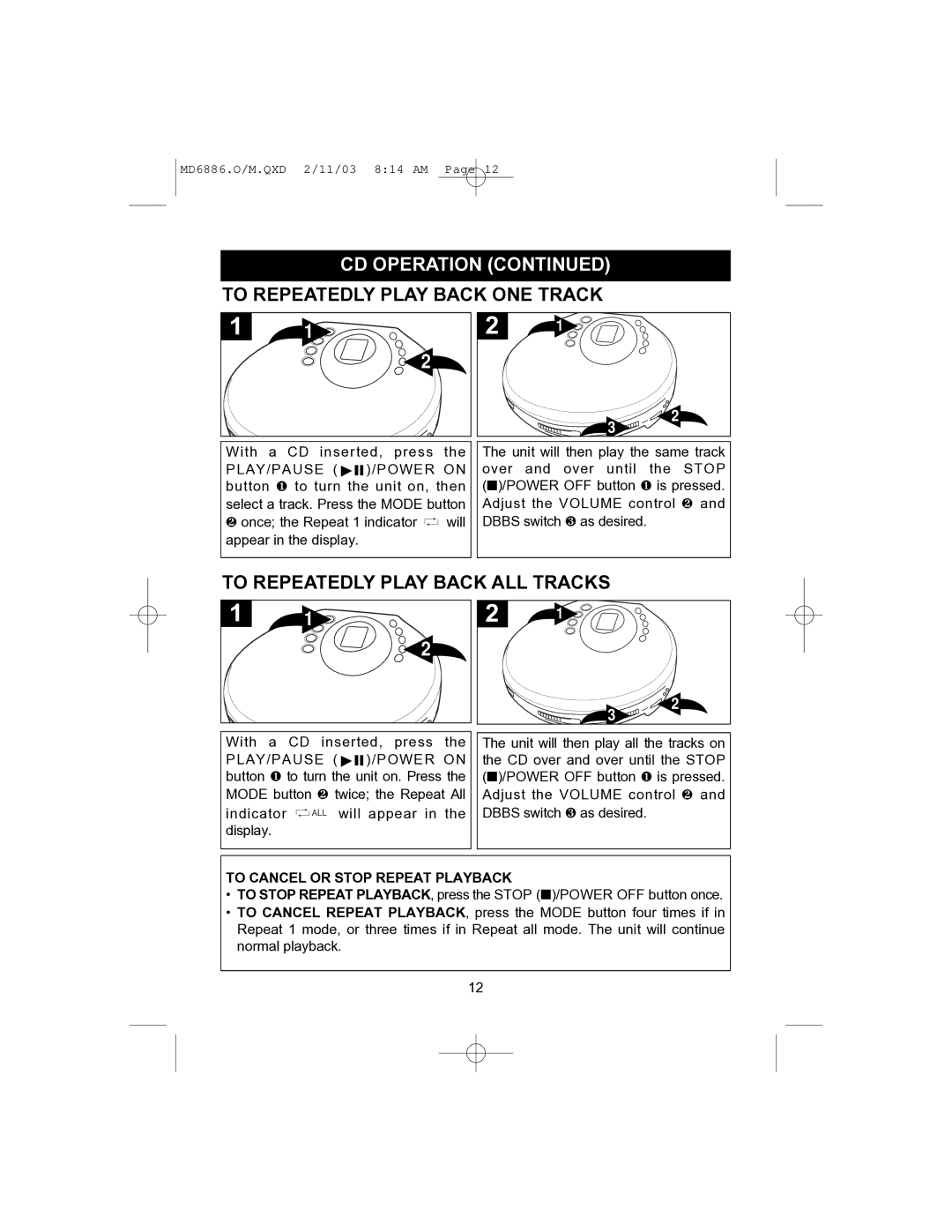 Memorex MD6886 operating instructions To Repeatedly Play Back ONE Track, To Repeatedly Play Back ALL Tracks 