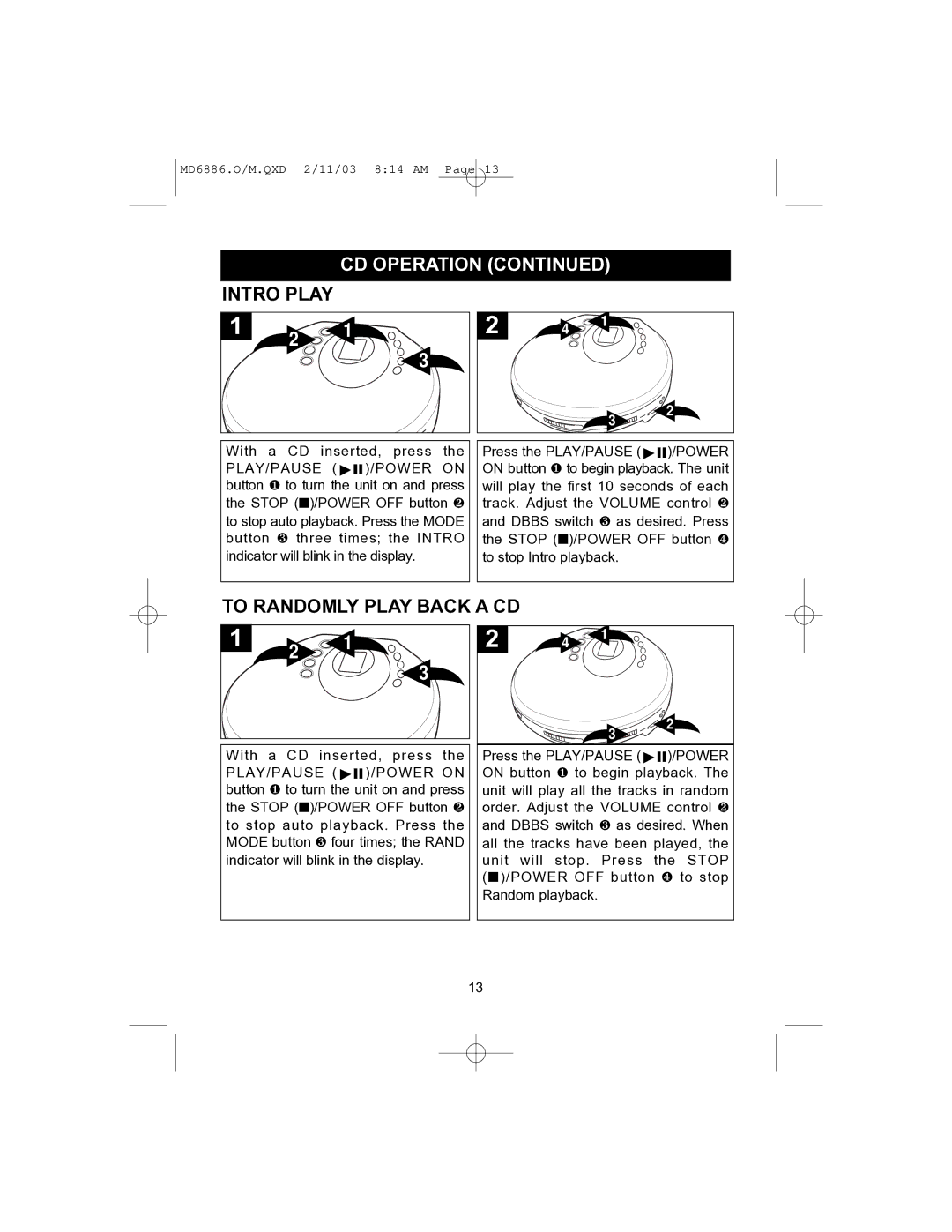 Memorex MD6886 operating instructions Intro Play, To Randomly Play Back a CD 