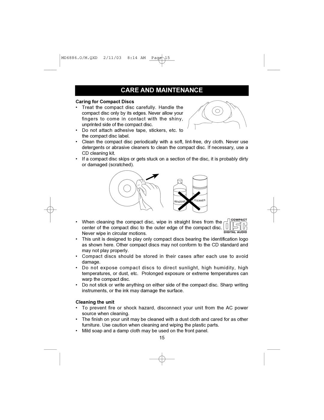 Memorex MD6886 operating instructions Care and Maintenance, Caring for Compact Discs 