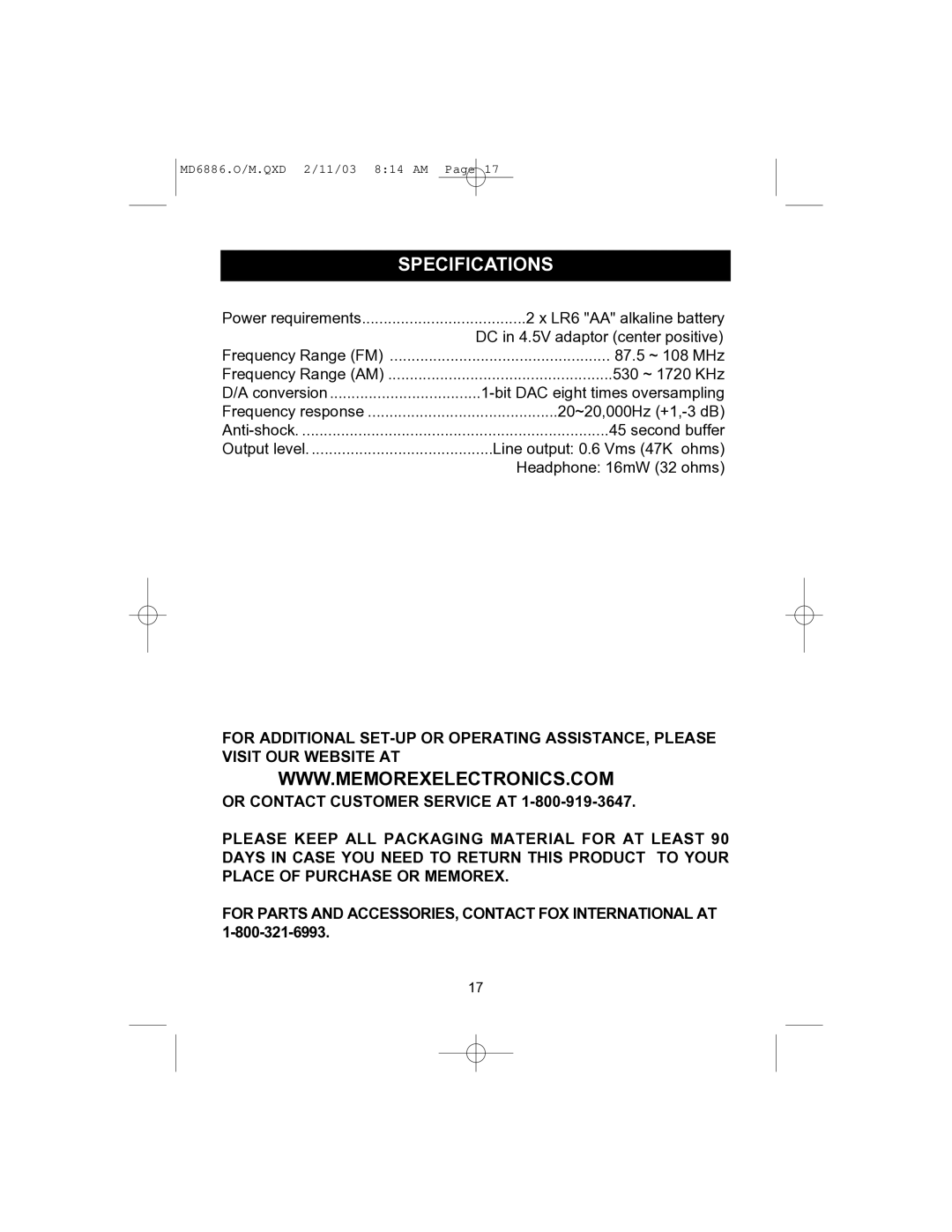 Memorex MD6886 operating instructions Specifications 