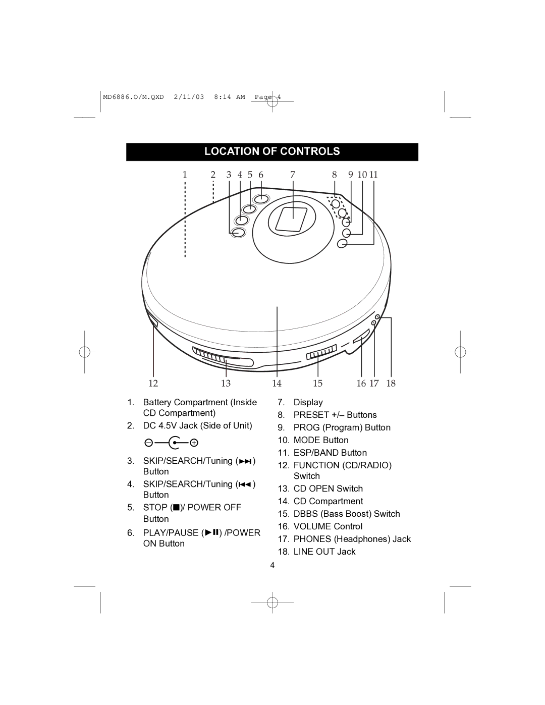 Memorex MD6886 operating instructions Location of Controls, 3 4 5 1213 