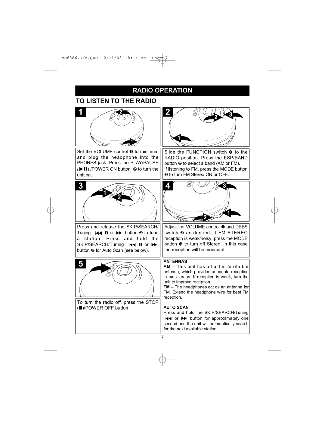 Memorex MD6886 operating instructions Radio Operation, To Listen to the Radio 