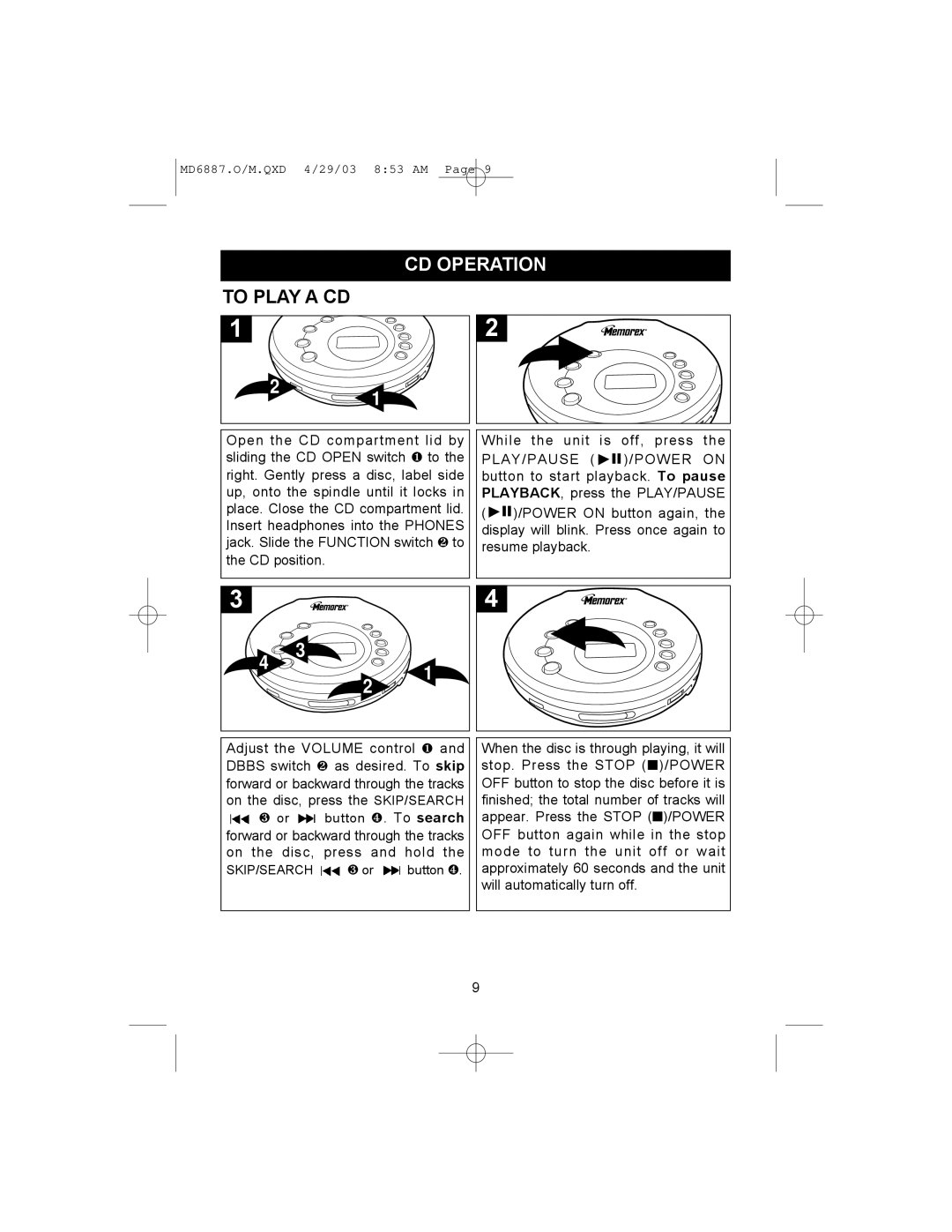 Memorex MD6887 manual CD Operation, To Play a CD 