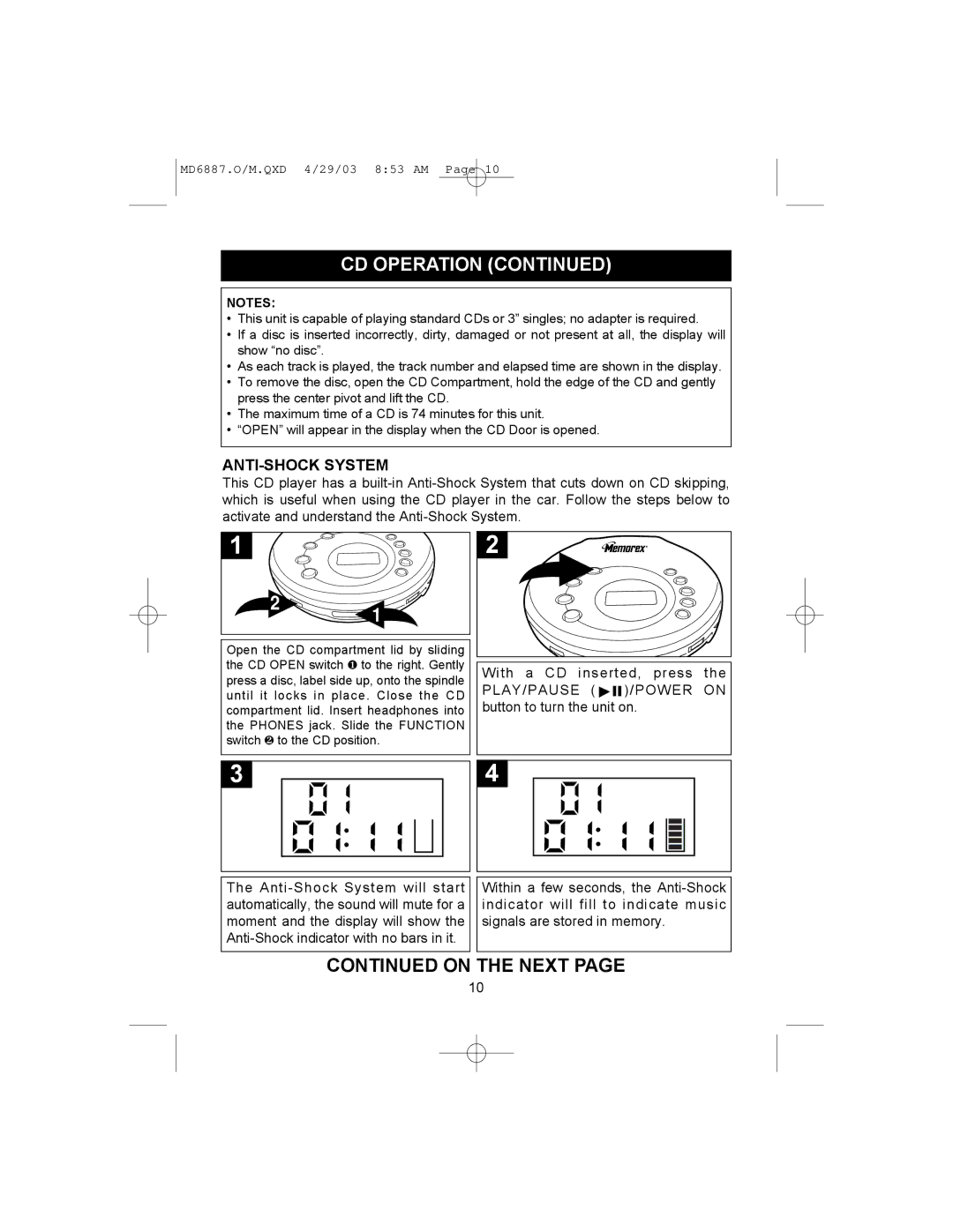 Memorex MD6887 manual On the Next, ANTI-SHOCK System 