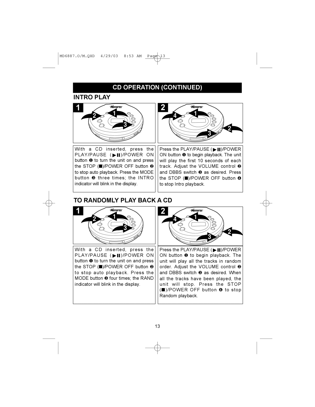 Memorex MD6887 manual Intro Play, To Randomly Play Back a CD 