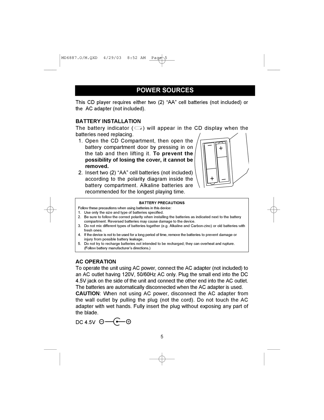 Memorex MD6887 manual Power Sources, Battery Installation, AC Operation 