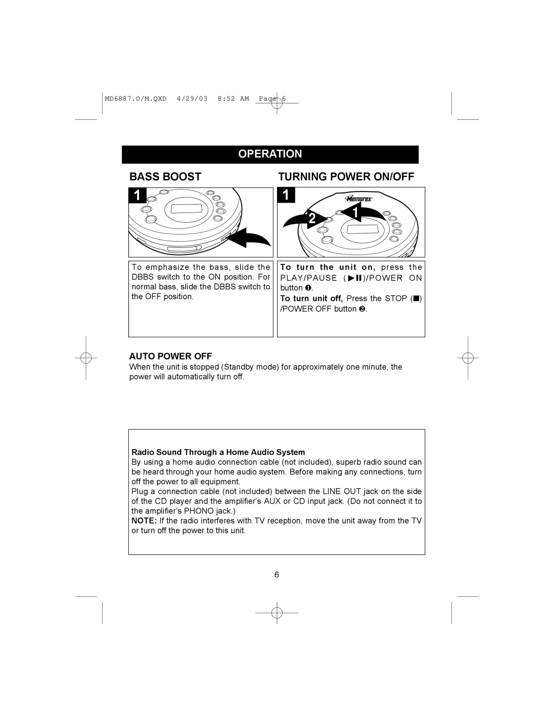 Memorex MD6887 manual Operation, Bass Boost, Auto Power OFF 