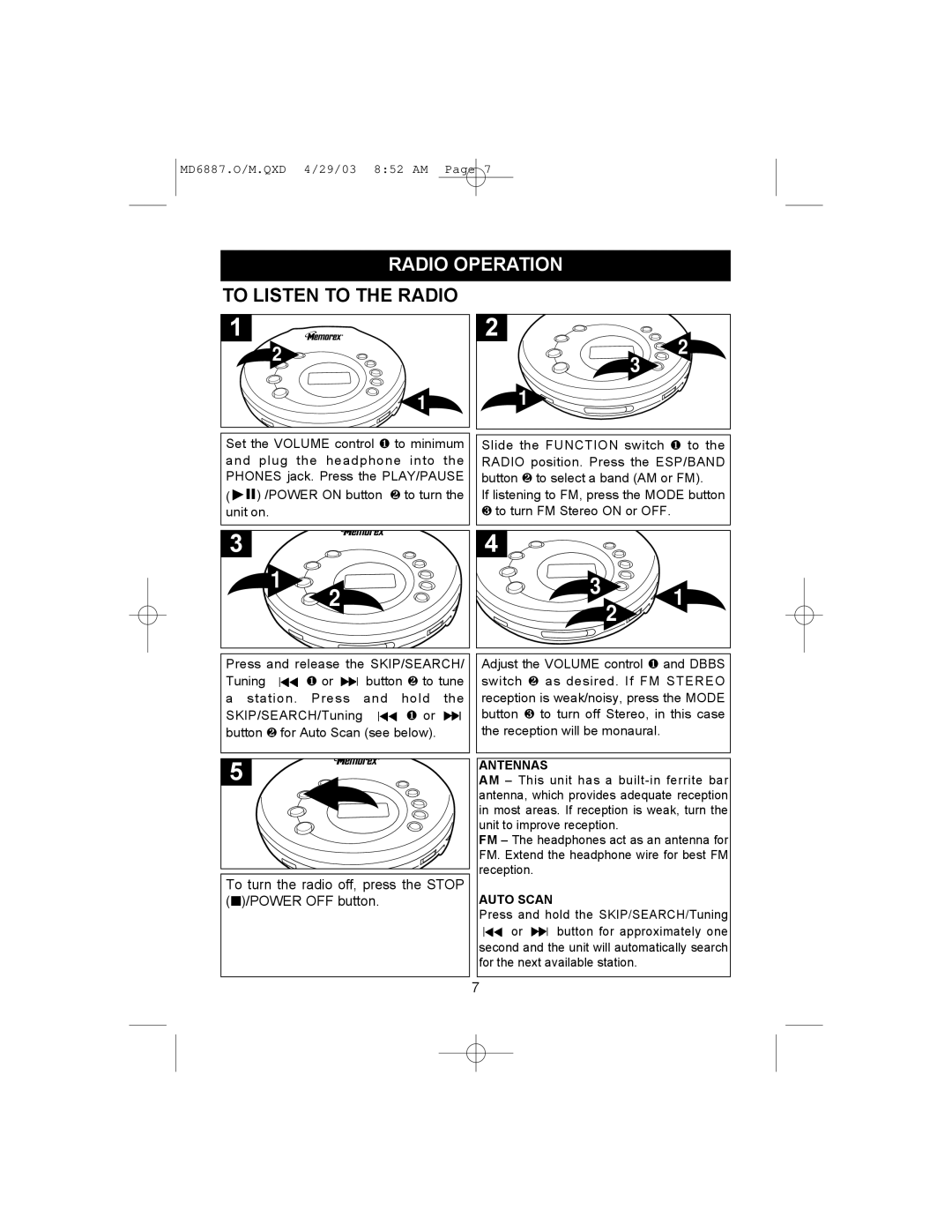 Memorex MD6887 manual Radio Operation, To Listen to the Radio 