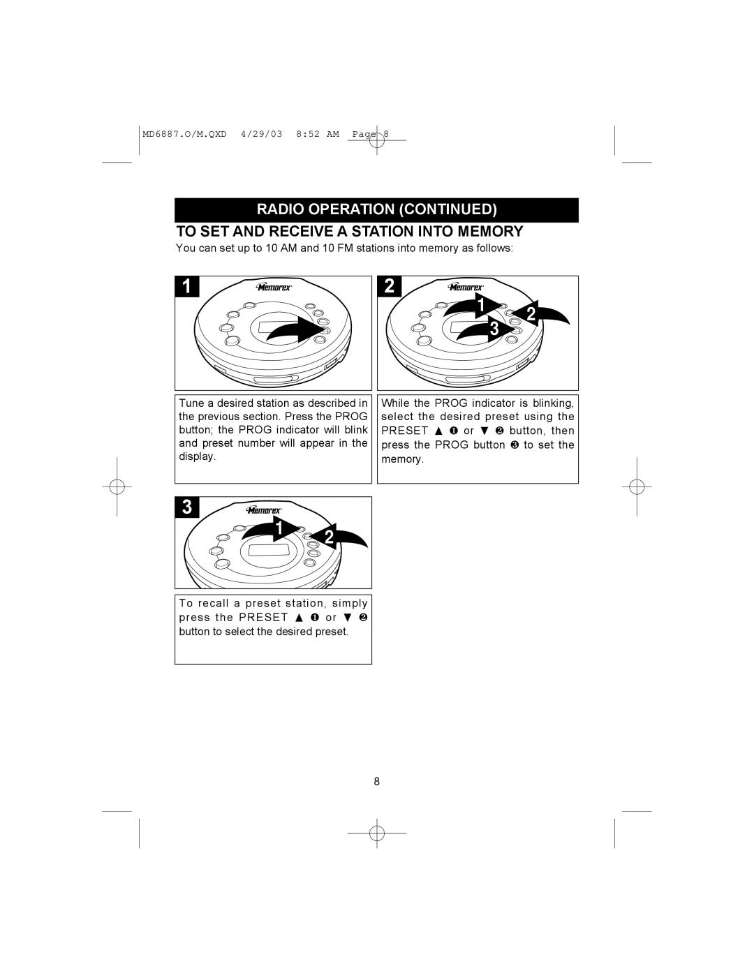 Memorex MD6887 manual To SET and Receive a Station Into Memory 