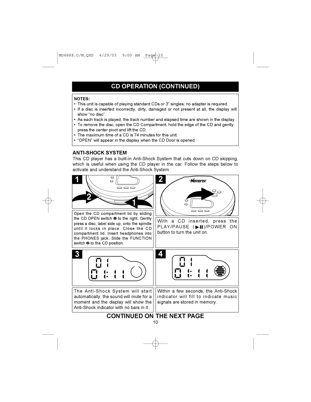 Memorex MD6888 manual On the Next, ANTI-SHOCK System 