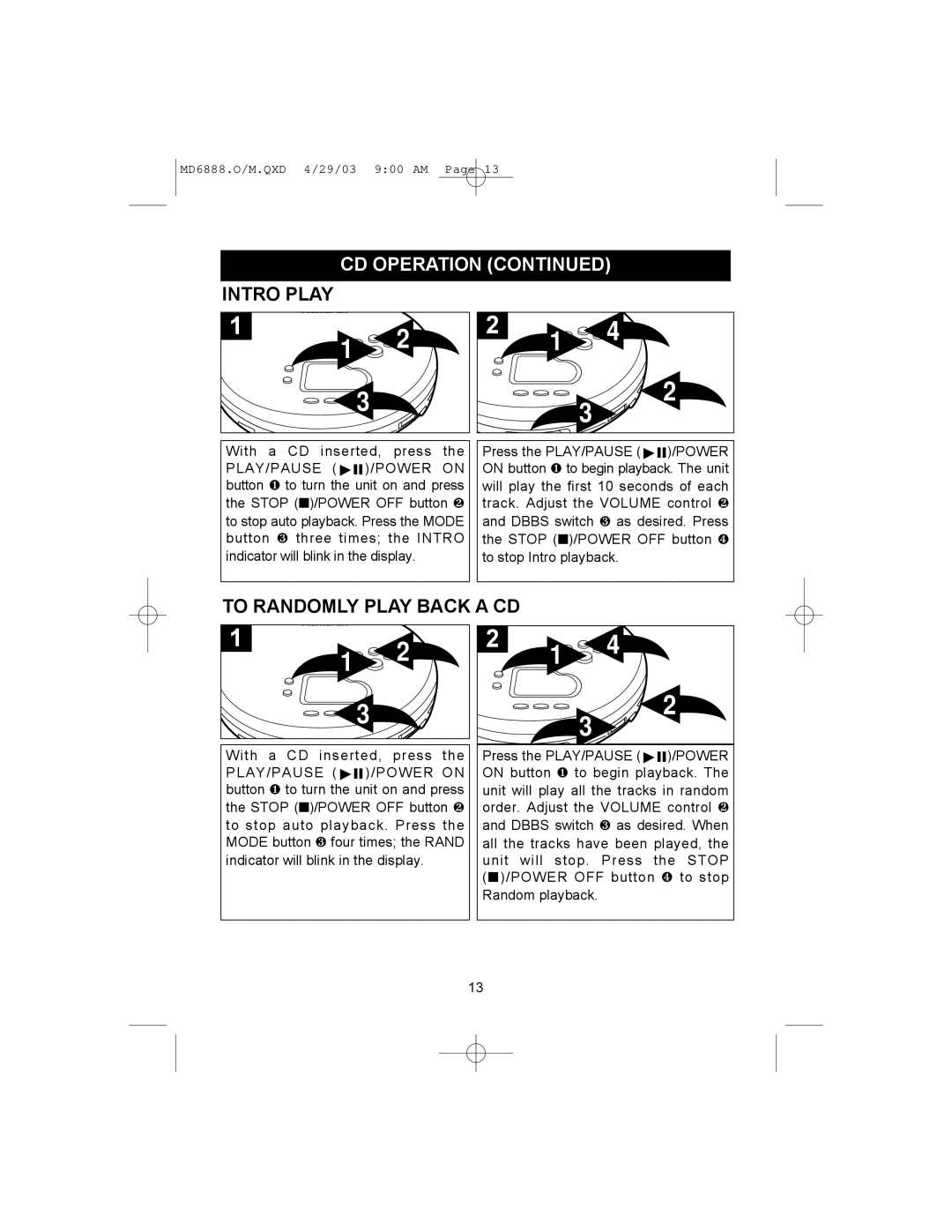 Memorex MD6888 manual Intro Play, To Randomly Play Back a CD 