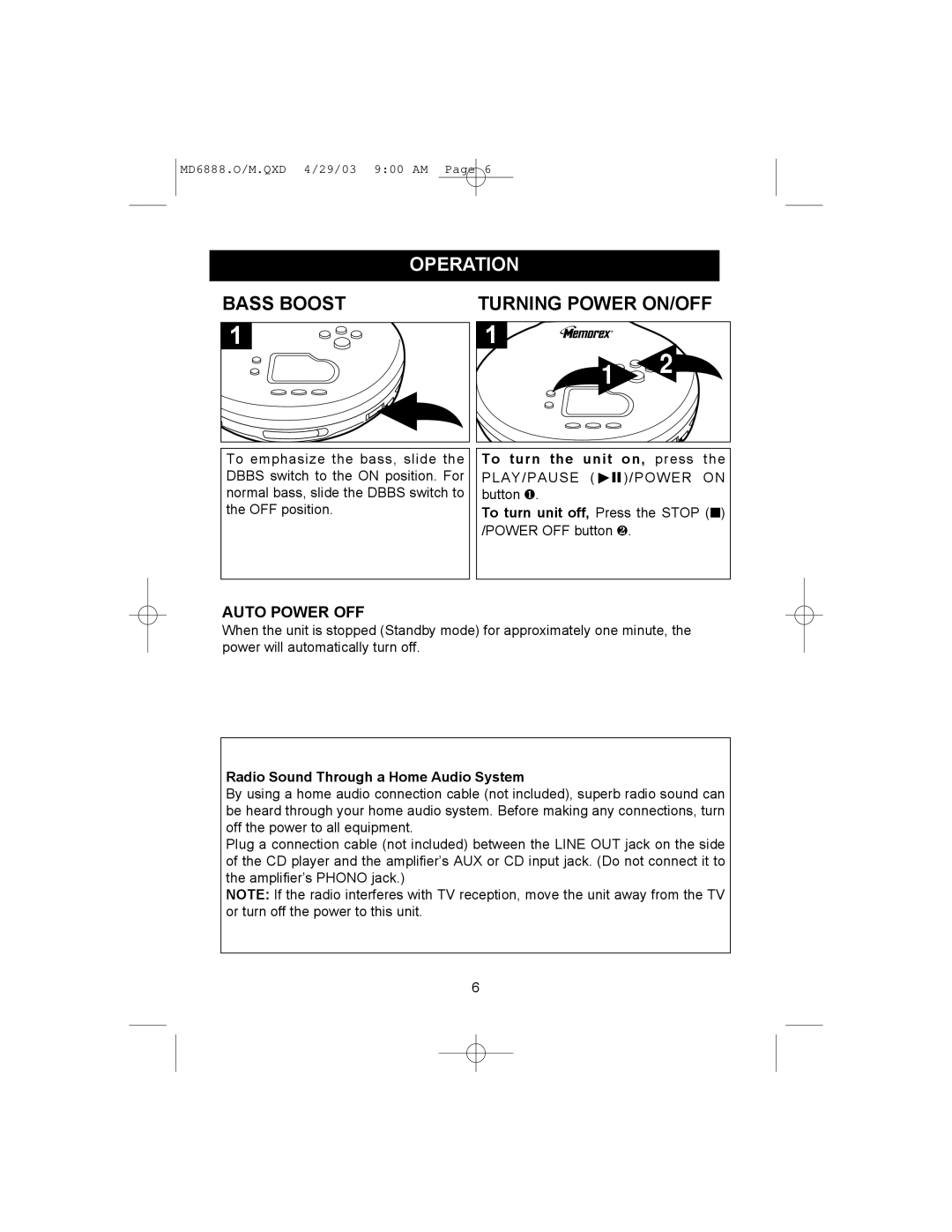 Memorex MD6888 manual Operation, Bass Boost, Auto Power OFF 