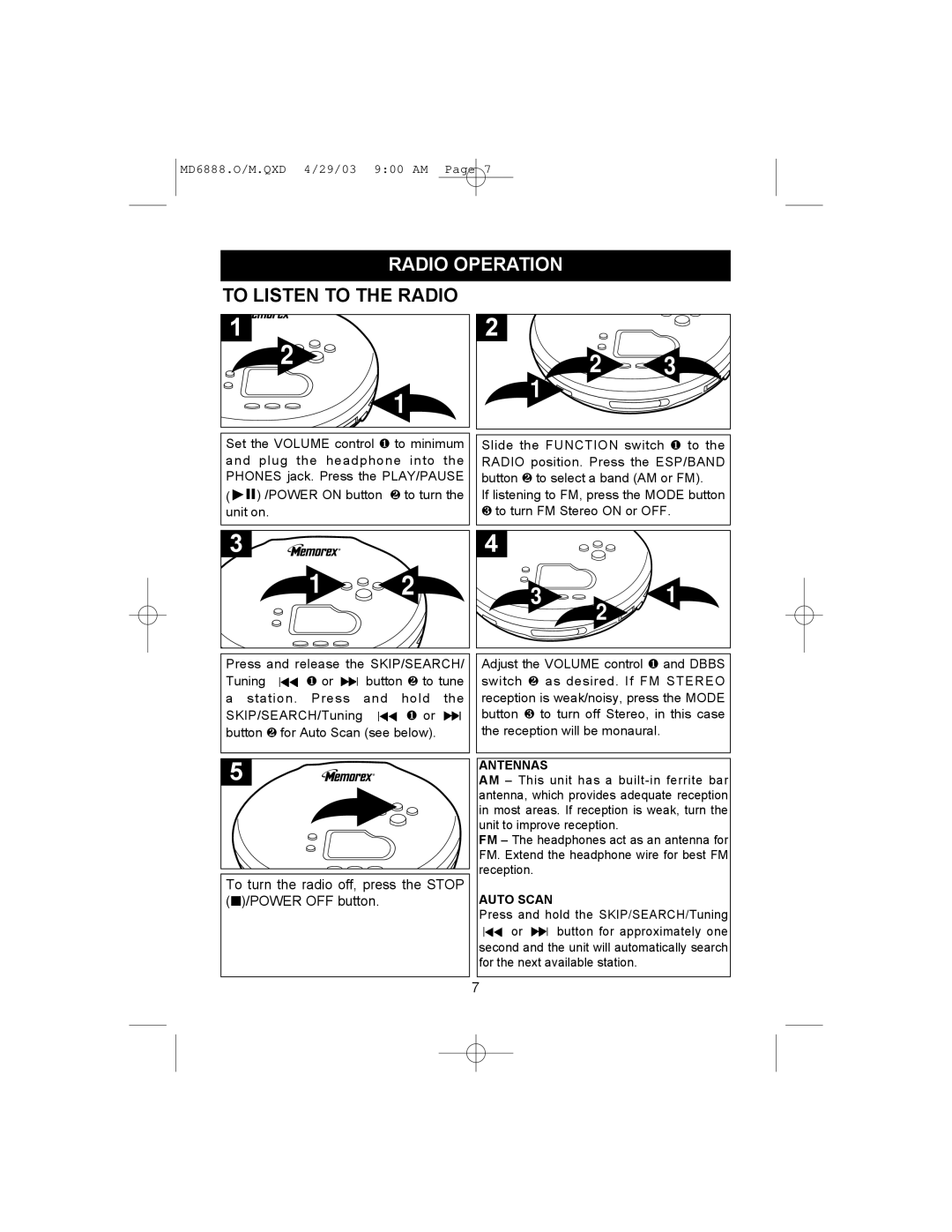 Memorex MD6888 manual Radio Operation To Listen to the Radio, To turn the radio off, press the Stop /POWER OFF button 