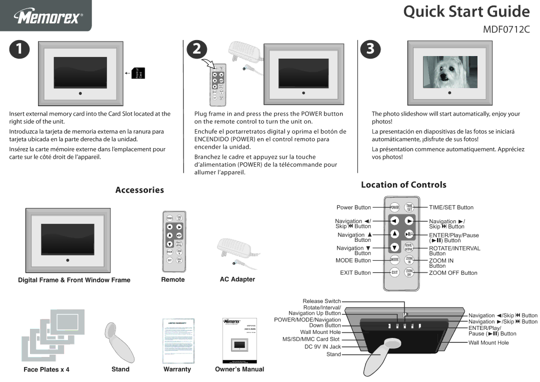 Memorex MDF0712-C quick start Quick Start Guide, MDF0712C, Accessories, Location of Controls 