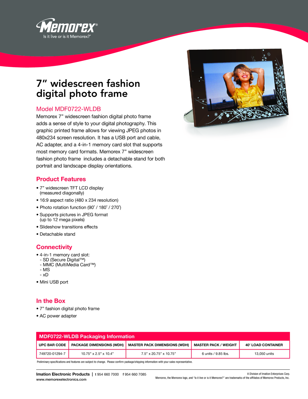 Memorex dimensions Widescreen fashion digital photo frame, Model MDF0722-WLDB, Product Features, Connectivity, Box 