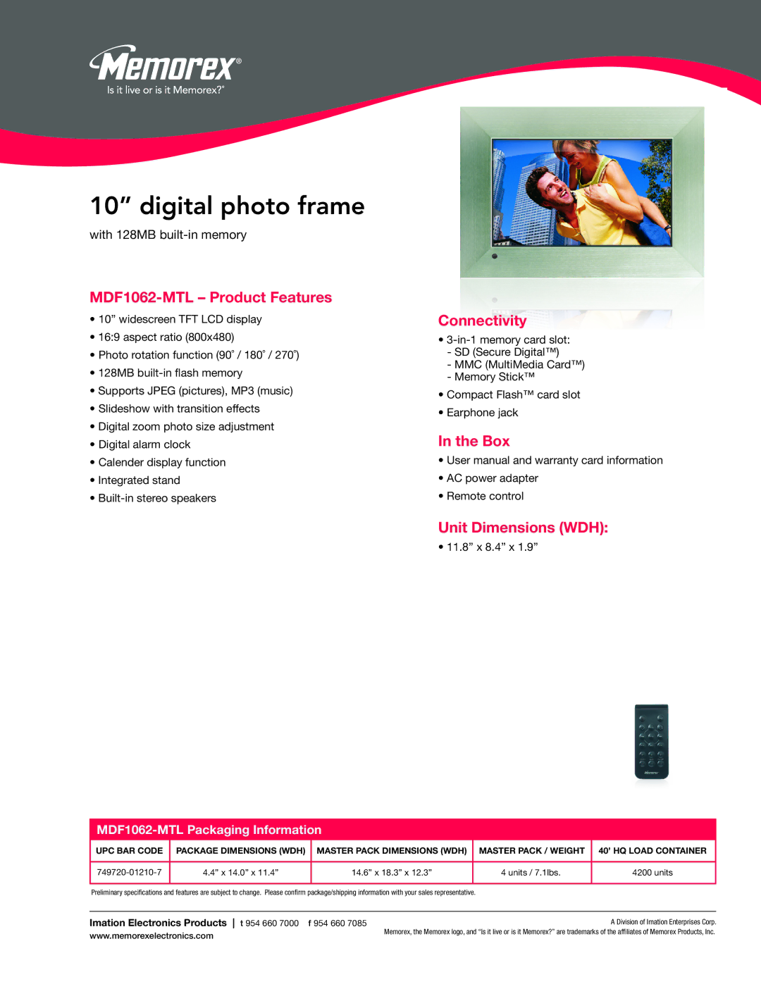 Memorex dimensions Digital photo frame, MDF1062-MTL Product Features, Connectivity, Box, Unit Dimensions WDH 