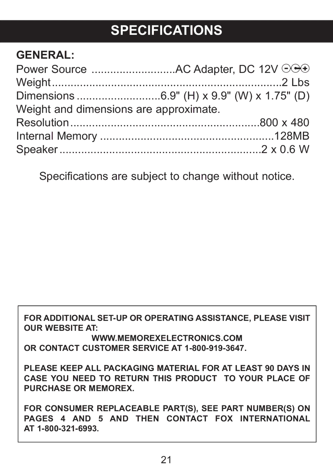 Memorex MDF8402-LWD, MDF8402-DWD manual Specifications, X 9.9 W x 1.75 D 