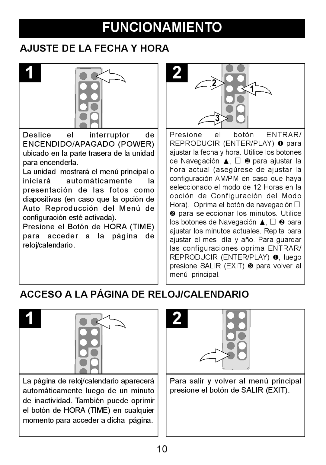 Memorex MDF8402-LWD, MDF8402-DWD manual Funcionamiento, Ajuste DE LA Fecha Y Hora, Acceso a LA Página DE RELOJ/CALENDARIO 