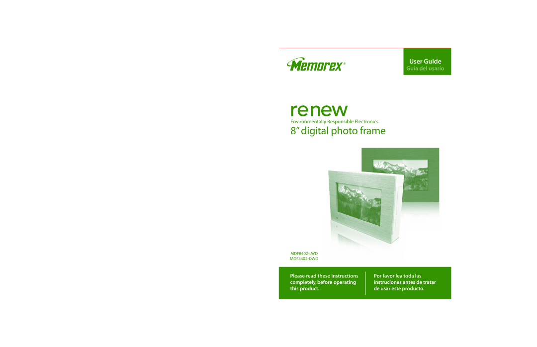 Memorex MDF8402-DWD manual 8” digital photo frame, User Guide, Guía del usario, Environmentally Responsible Electronics 