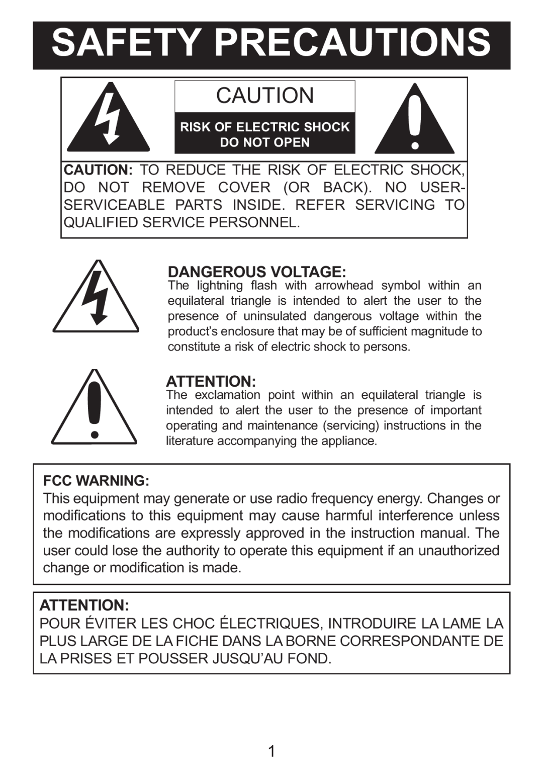 Memorex MDF8402-LWD, MDF8402-DWD manual Safety Precautions, Dangerous Voltage, Fcc Warning 