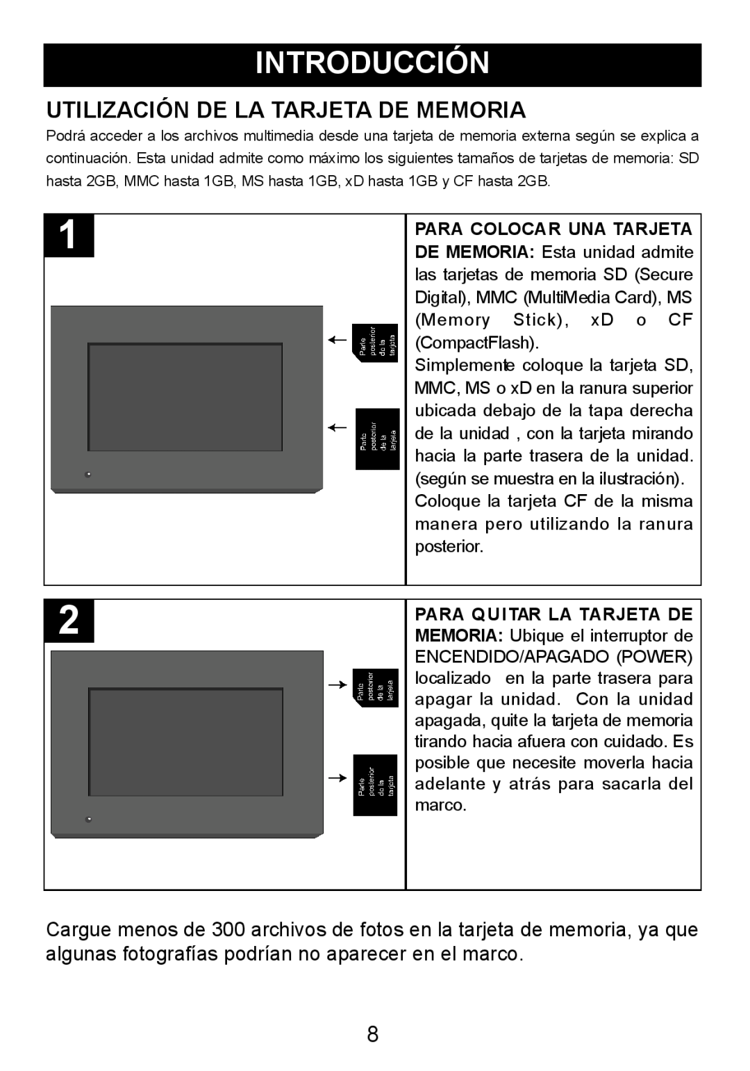 Memorex MDF8402-LWD, MDF8402-DWD manual Introducción, Utilización De La Tarjeta De Memoria, Para Colocar Una Tarjeta 
