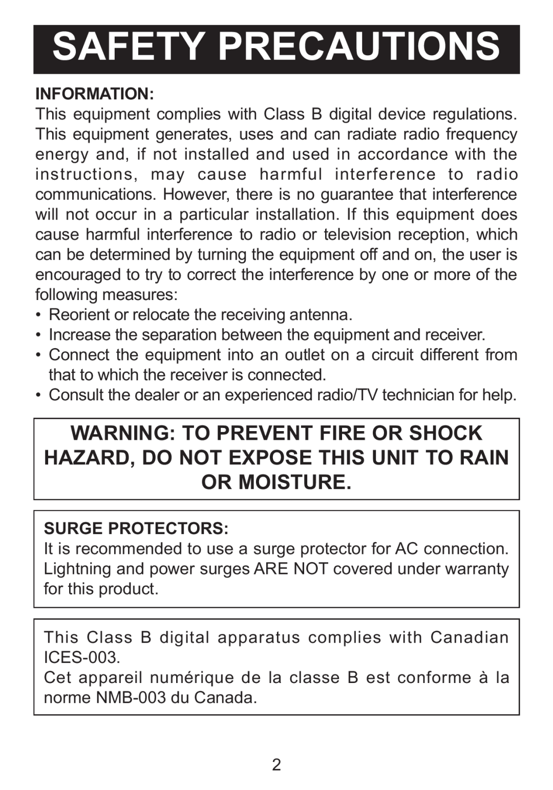 Memorex MDF8402-LWD, MDF8402-DWD manual Safety Precautions, Warning To Prevent Fire Or Shock, Information, Surge Protectors 