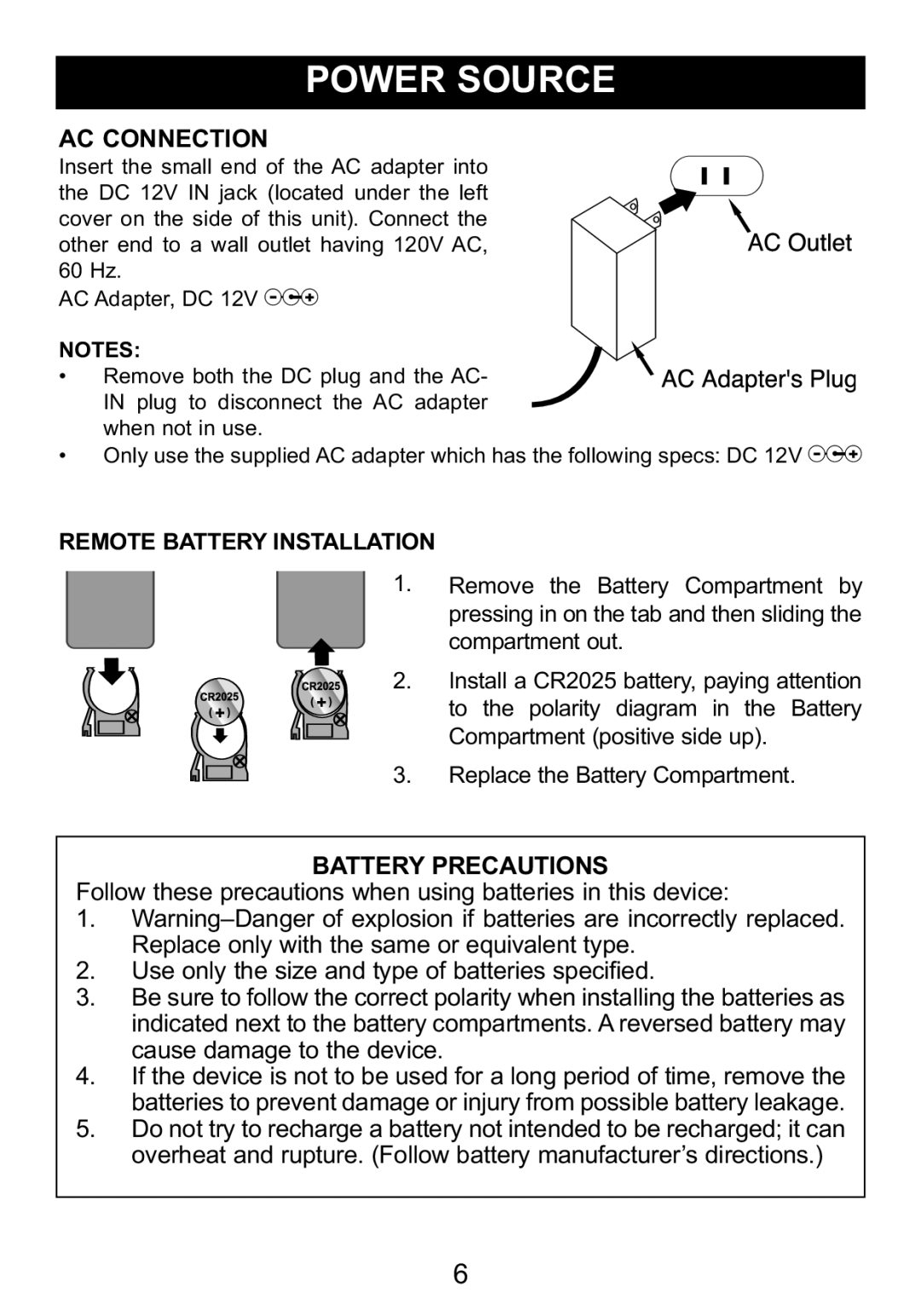 Memorex MDF8402-LWD manual Ac Connection, Battery Precautions, Follow these precautions when using batteries in this device 