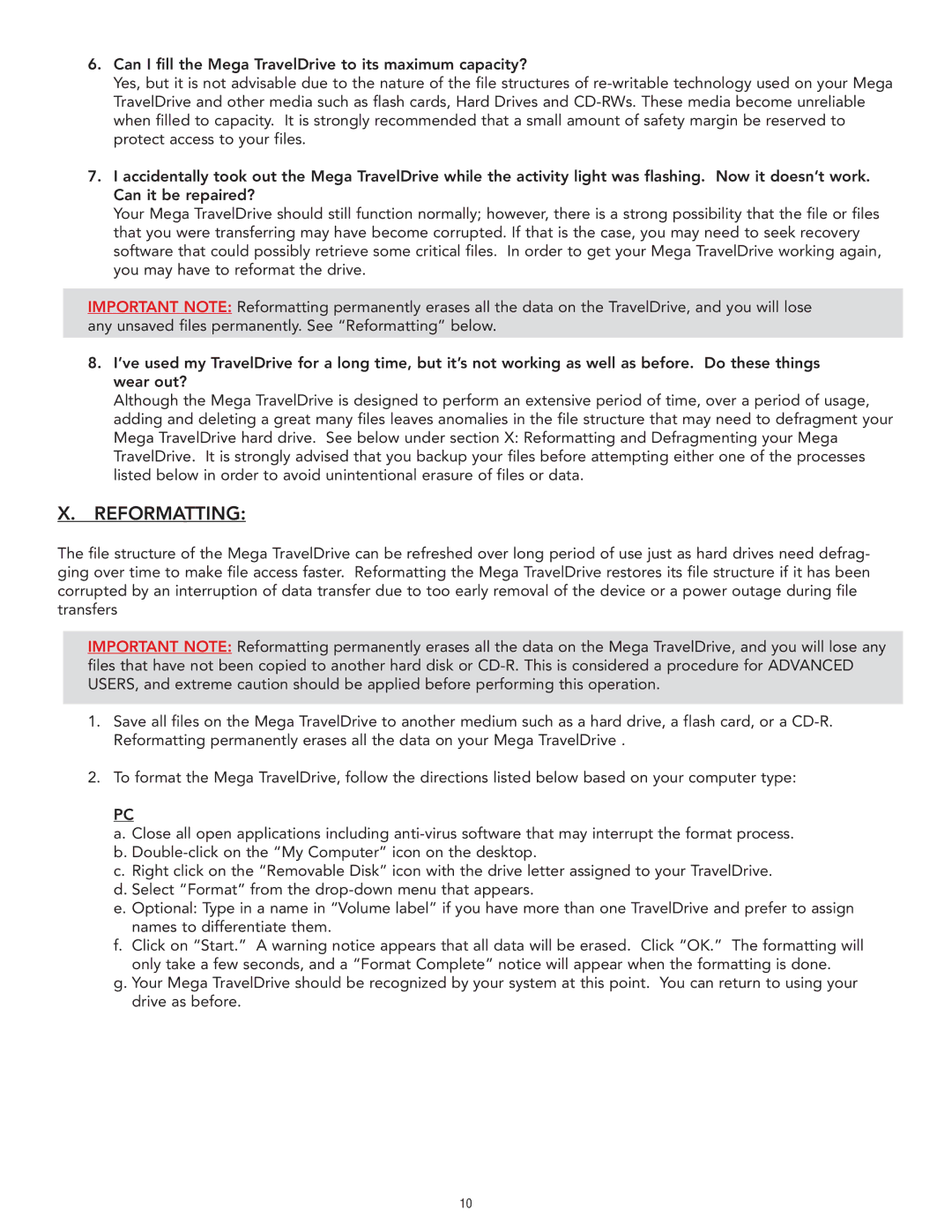 Memorex Mega TravelDrive manual Reformatting 