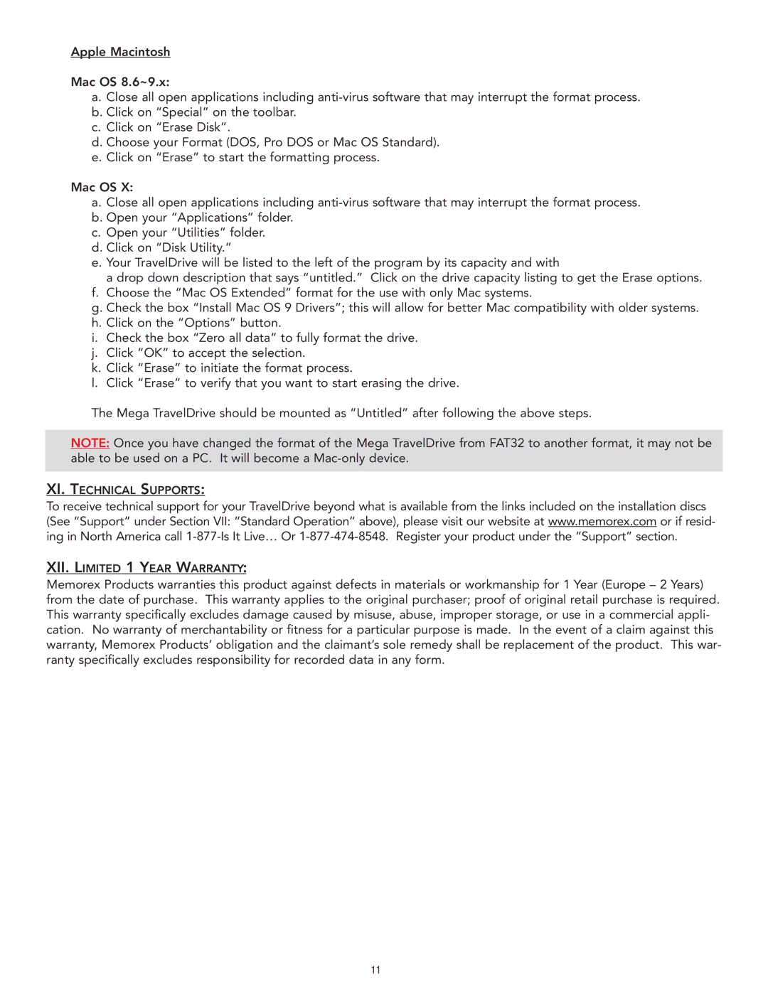Memorex Mega TravelDrive manual XI. Technical Supports XII. Limited 1 Year Warranty 