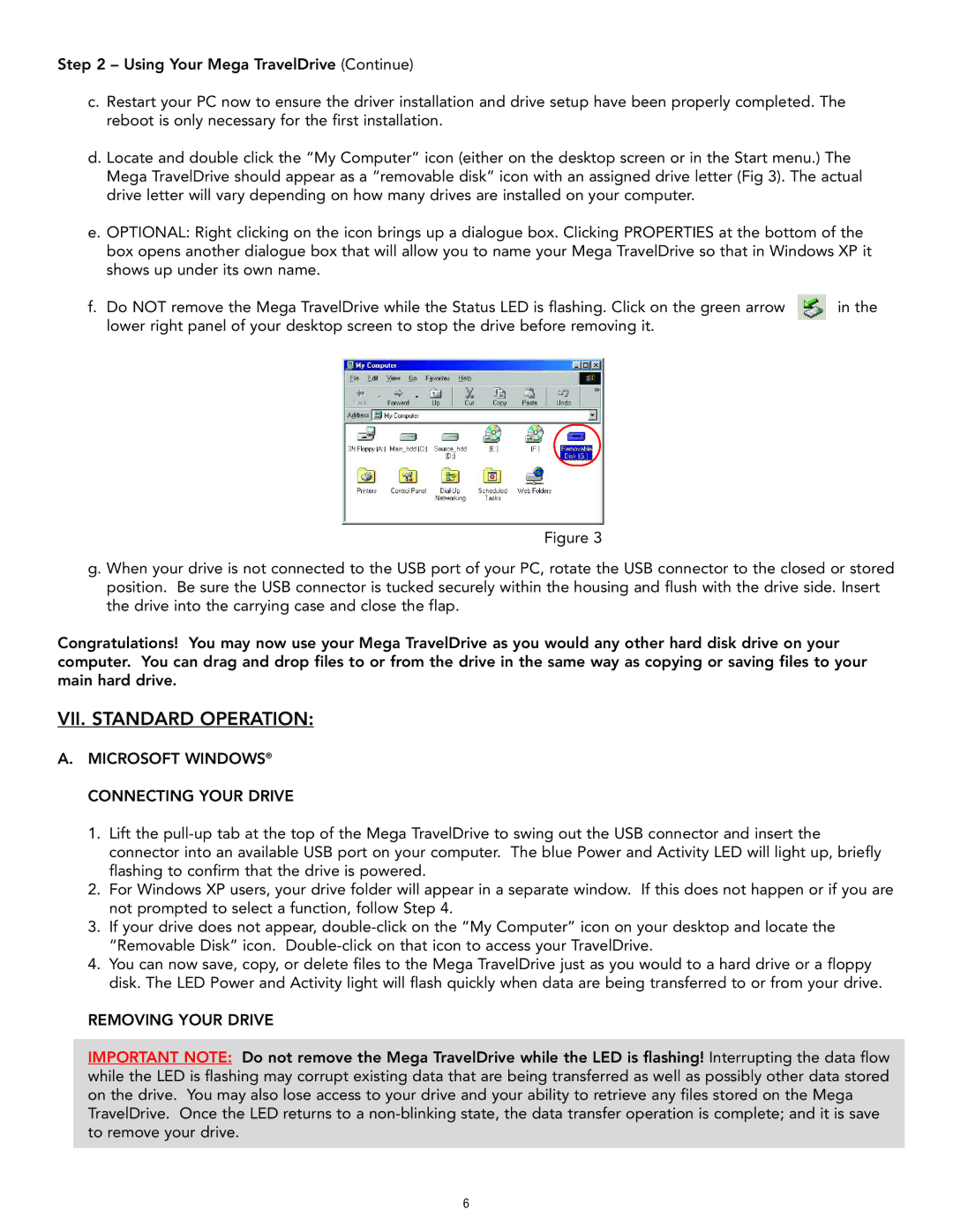 Memorex Mega TravelDrive manual VII. Standard Operation, Microsoft Windows Connecting Your Drive, Removing Your Drive 