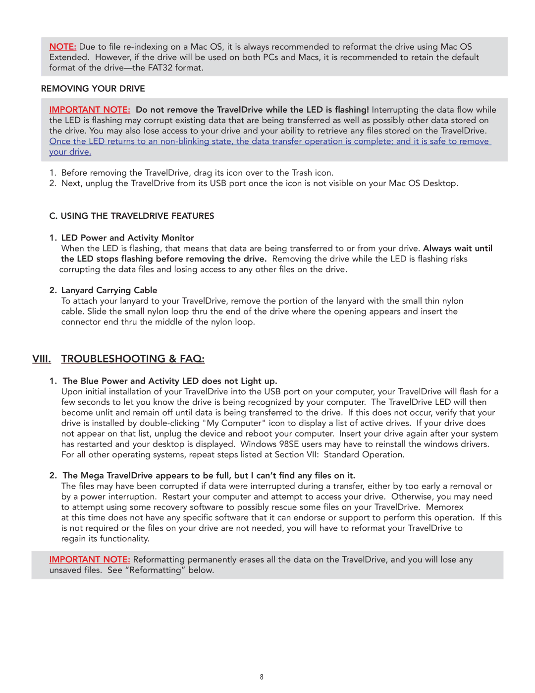 Memorex Mega TravelDrive manual VIII. Troubleshooting & FAQ, Using the Traveldrive Features 