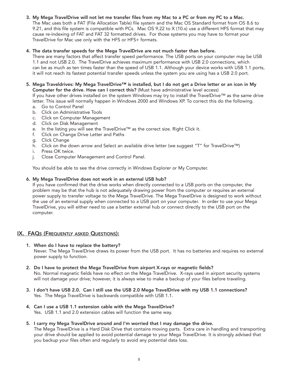 Memorex Mega TravelDrive manual IX. Faqs Frequently Asked Questions 