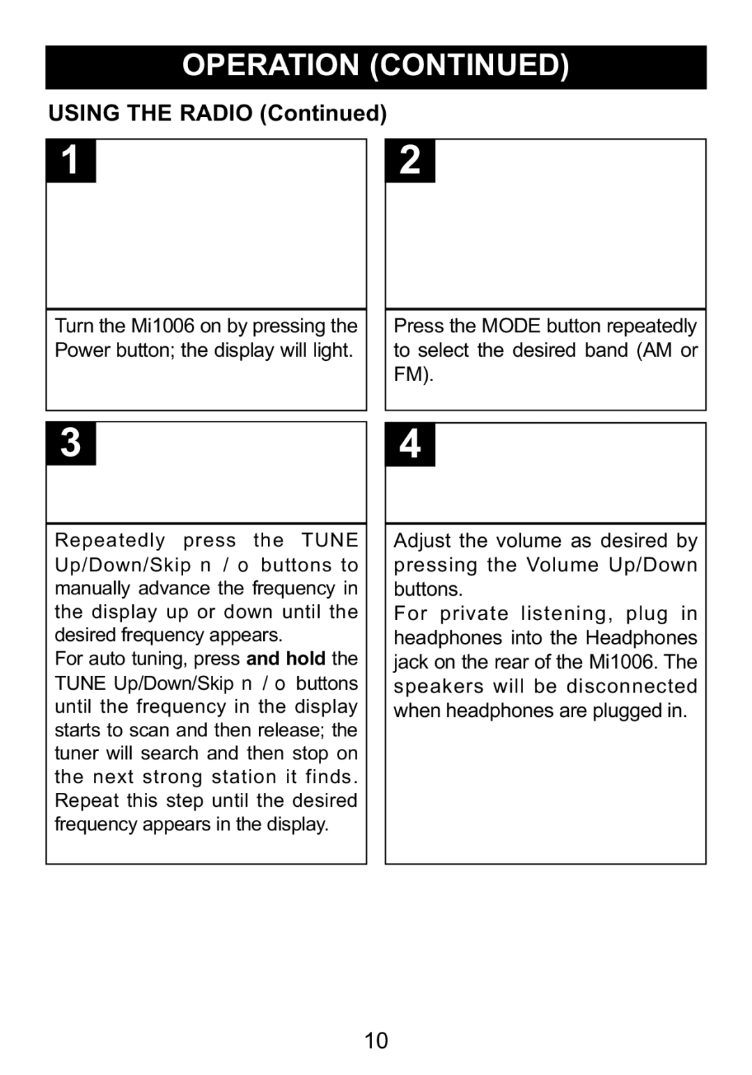 Memorex Mi1006 manual Using the Radio 