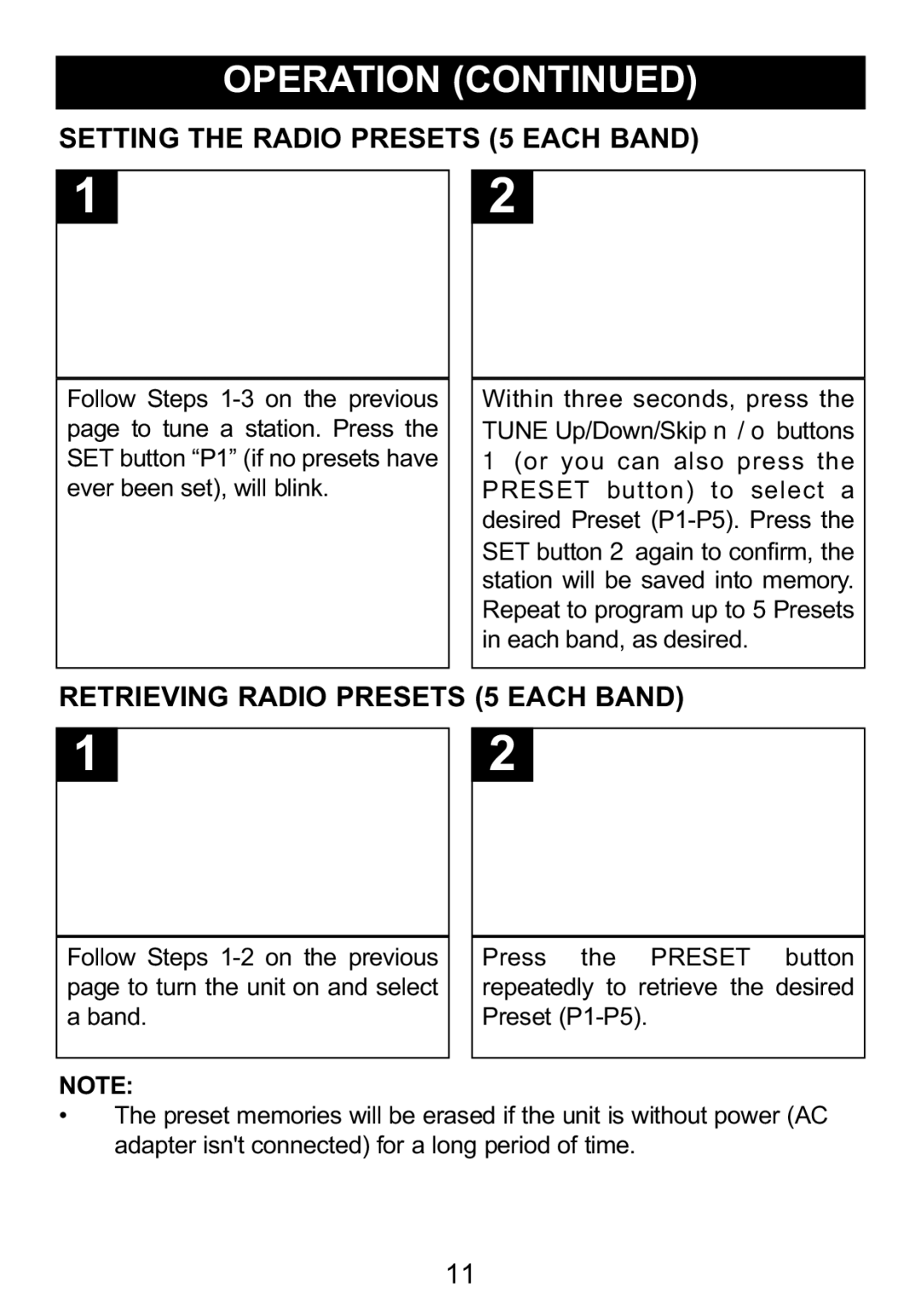 Memorex Mi1006 manual Setting the Radio Presets 5 Each Band, Retrieving Radio Presets 5 Each Band 