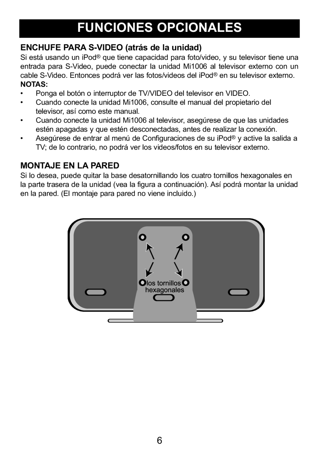 Memorex Mi1006 manual Enchufe Para S-VIDEO atrás de la unidad, Montaje EN LA Pared 