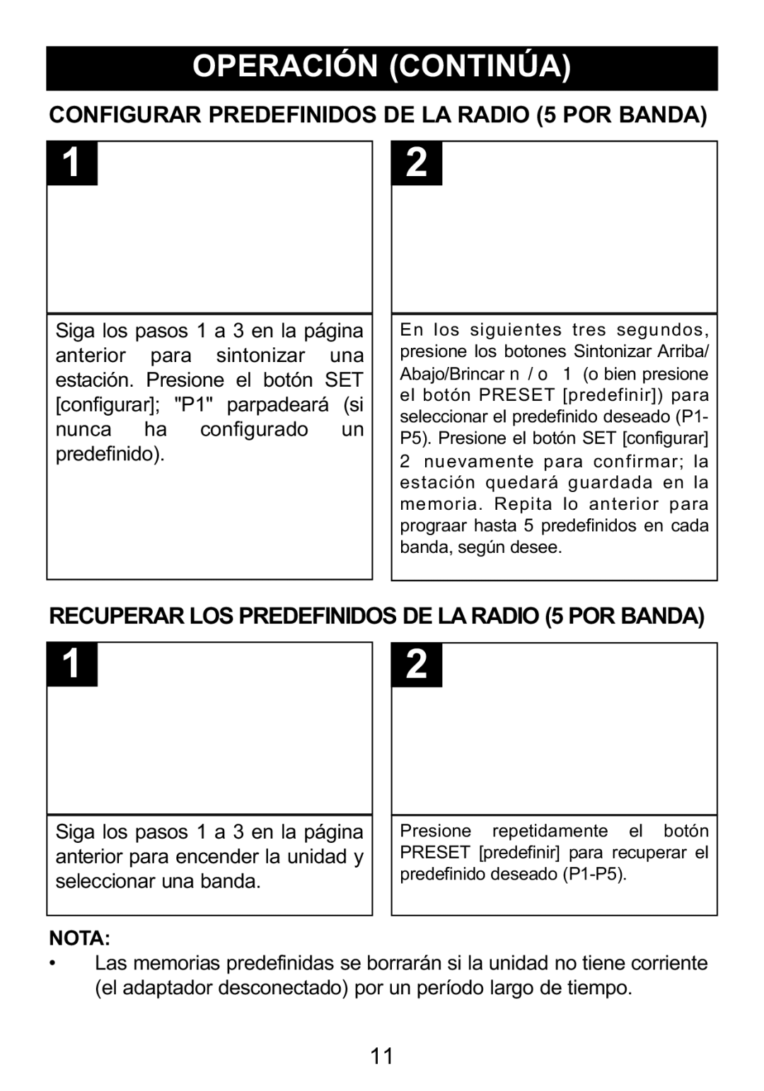 Memorex Mi1006 Configurar Predefinidos DE LA Radio 5 POR Banda, Recuperar LOS Predefinidos DE LA Radio 5 POR Banda, Nota 