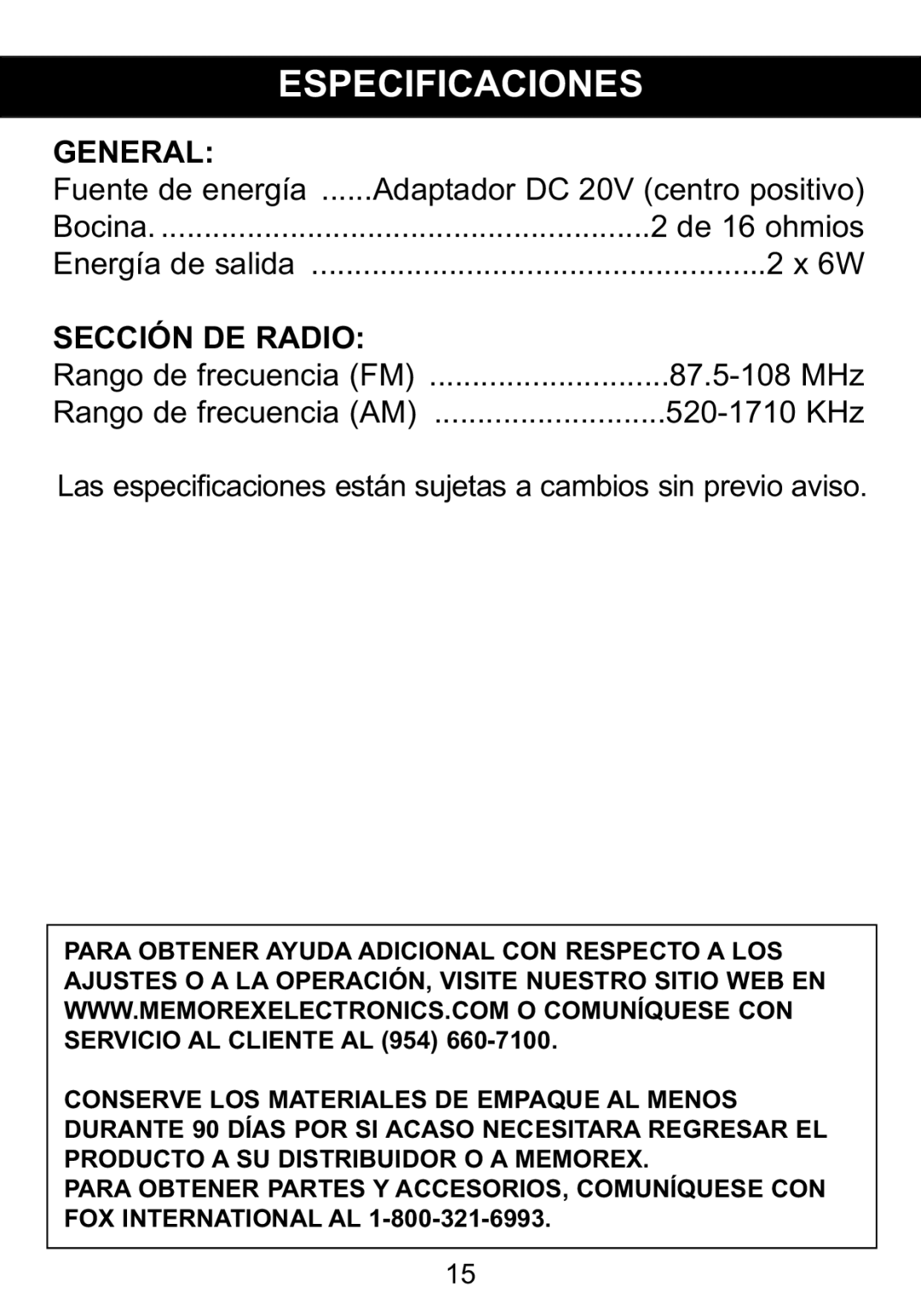 Memorex Mi1006 manual Especificaciones 