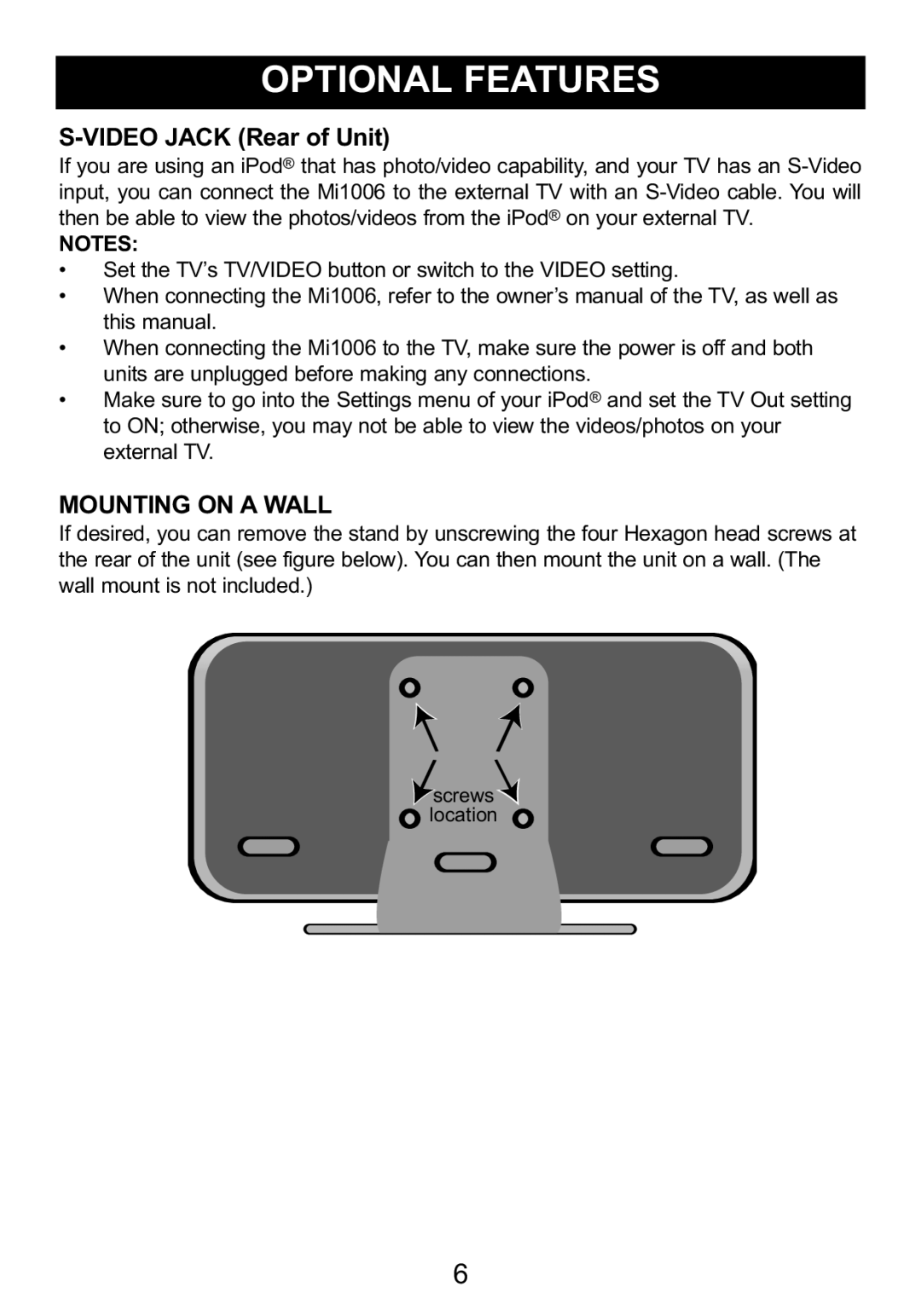 Memorex Mi1006 manual Video Jack Rear of Unit, Mounting on a Wall 