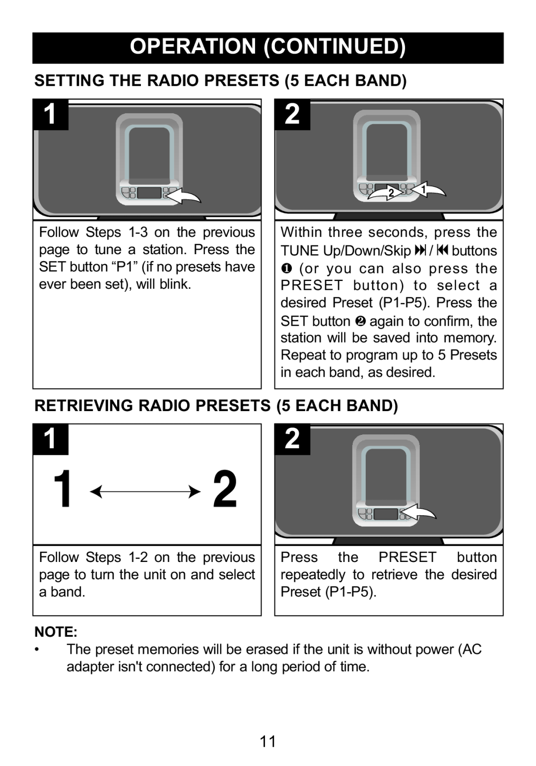 Memorex Mi1006 manual SETTING THE RADIO PRESETS 5 EACH BAND, RETRIEVING RADIO PRESETS 5 EACH BAND 