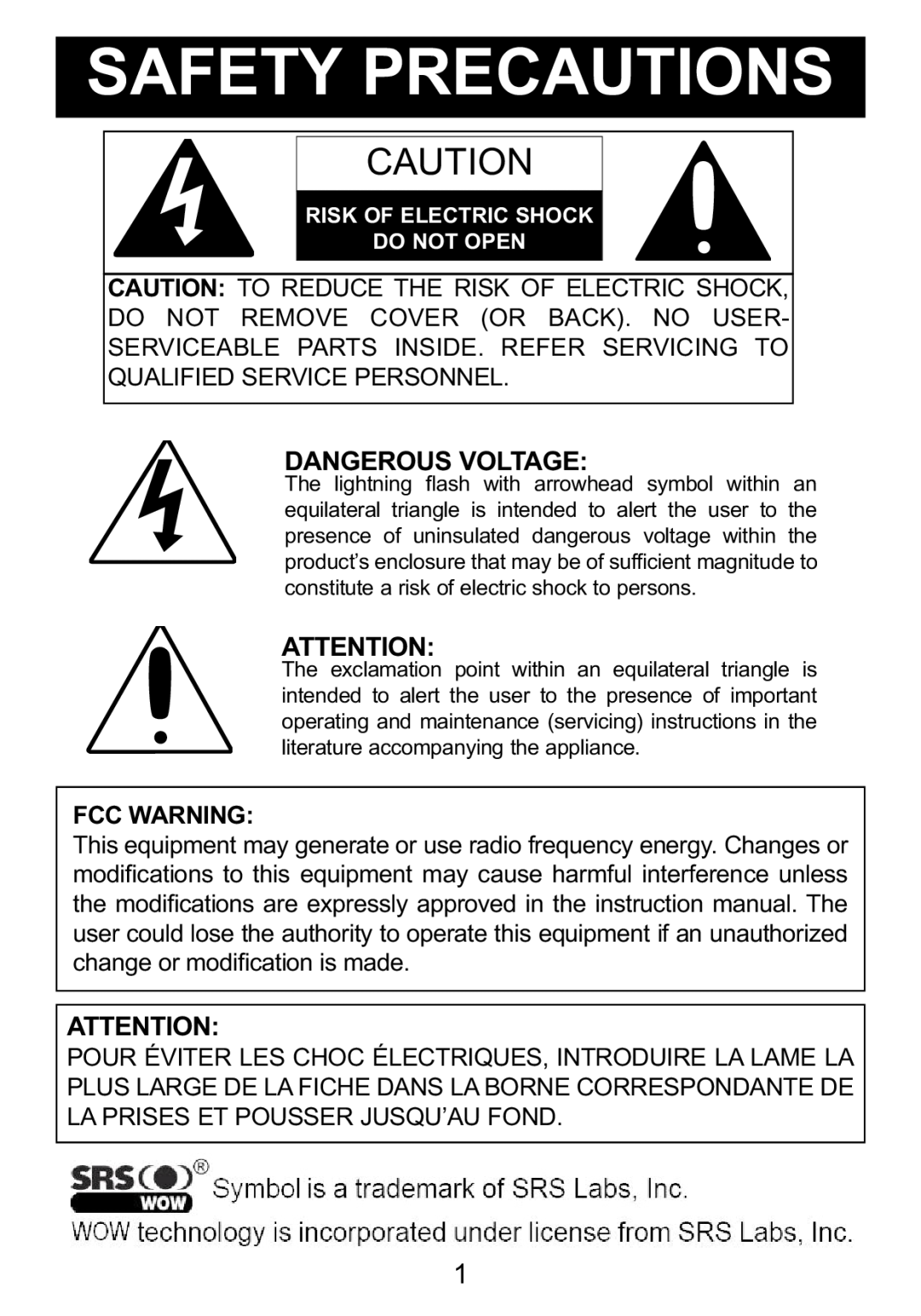 Memorex Mi1006 manual Safety Precautions, Dangerous Voltage, Fcc Warning 
