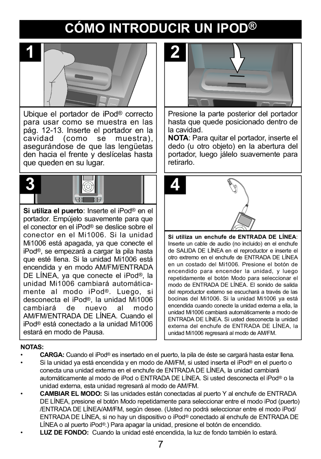 Memorex Mi1006 manual para usar como se muestra en las, cavidad 