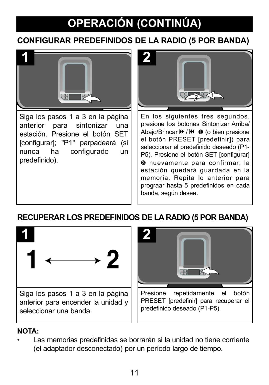 Memorex Mi1006 manual CONFIGURAR PREDEFINIDOS DE LA RADIO 5 POR BANDA, Nota 