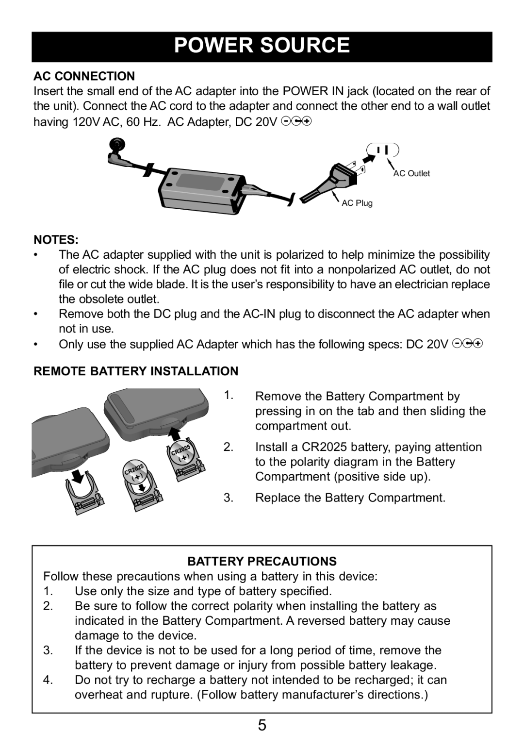 Memorex Mi1006 manual Ac Connection, Remote Battery Installation, Battery Precautions 