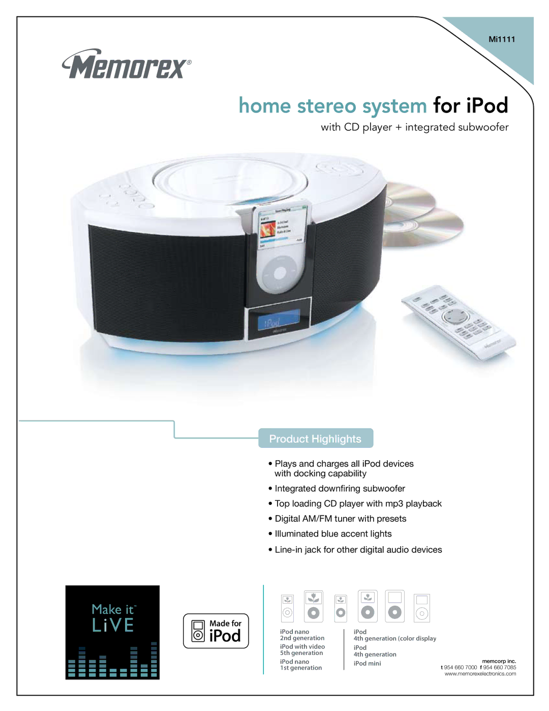 Memorex 749720-00966-4 manual Home stereo system for iPod, Product Highlights, Mi1111 