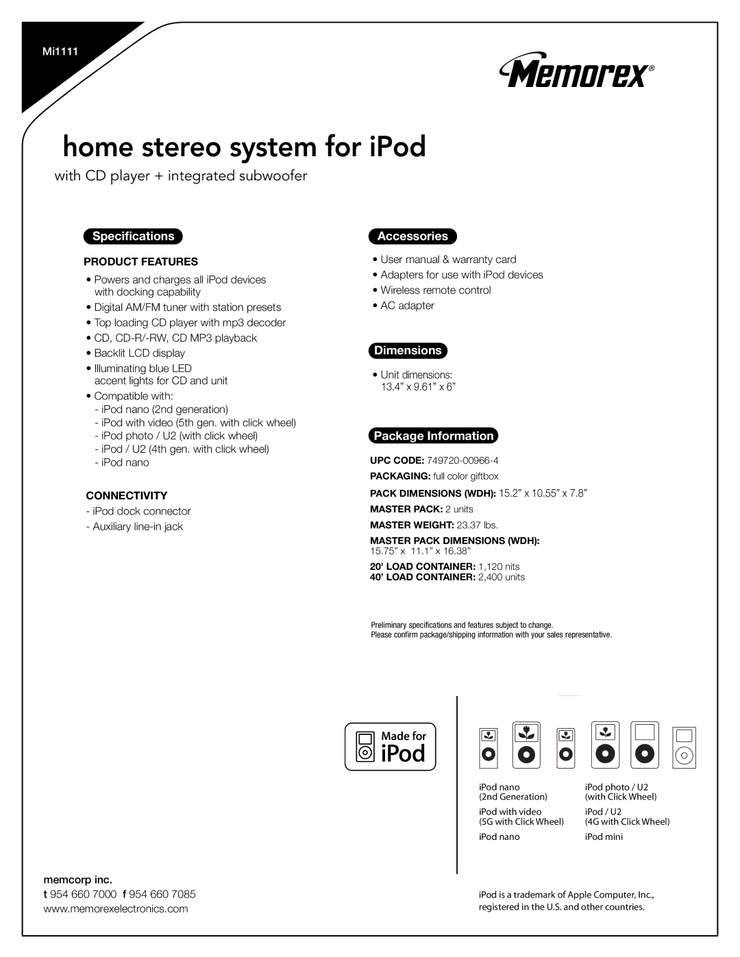 Memorex Mi1111, 749720-00966-4 Home stereo system for iPod, Specifications, Accessories, Dimensions, Package Information 